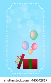Balloon and gift box on blue background, Greeting card, vector invitation