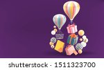 Balloon, gift box and shopping bag surrounded by colorful balls on a purple background.
