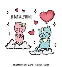 BALLOON AS GIFT On Valentine Day Cute Confused Kitten With Red Balloon Heart Takes Flirtation His Girl Cartoon Hand Drawn Clip Art Vector Illustration For Print