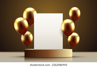 balloon golden podium present, celebrate happy birthday, gold platform banner. Vector illustration