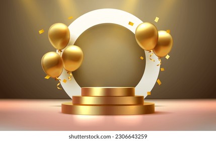 balloon golden podium present, celebrate happy birthday, gold platform banner. Vector illustration