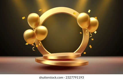 Balloon golden podium present, celebrate happy birthday, gold platform banner. Vector illustration