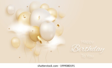 Balloon and golden ribbon with cloud. Birthday card luxury background concept. Vector illustration of congratulations and celebrations.