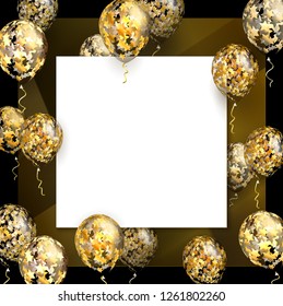 Balloon with Golden Stars on Square Realistic Frame. Vector EPS 10