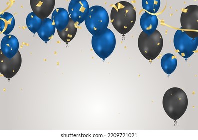 balloon gray and dark blue background. Flying colorful balloons birthday party decoration. Anniversary celebration card, fun carnival holiday joy surprise