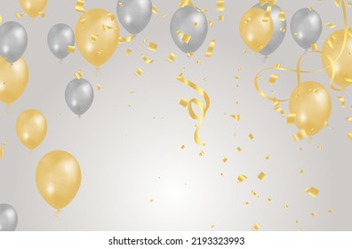 balloon gray and Gold background. Flying colorful balloons birthday party decoration. Anniversary celebration card, fun carnival holiday joy surprise group banner vector template
