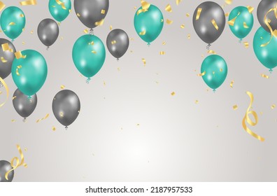 balloon gray and green background. Flying colorful balloons birthday party decoration. Anniversary celebration card, fun carnival holiday joy surprise