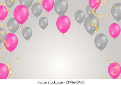 Ballon, grauer und rosafarbener Hintergrund. Fliegende bunte Ballons Geburtstagsgeschmack. Jubiläumsfeier, lustige Karnevalsfreude Überraschung