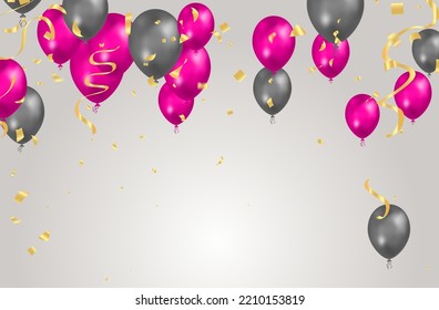 balloon gray and pink background. Flying colorful balloons birthday party decoration. Anniversary celebration card, fun carnival holiday joy surprise group banner vector template
