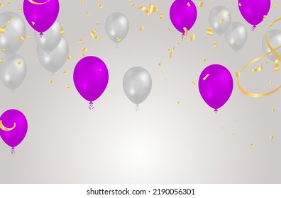 balloon gray and purple background. Flying colorful balloons birthday party decoration. Anniversary celebration card, fun carnival holiday joy surprise
