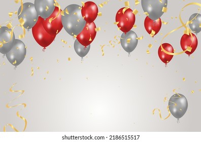balloon gray and red background. Flying colorful balloons birthday party decoration. Anniversary celebration card, fun carnival holiday joy surprise