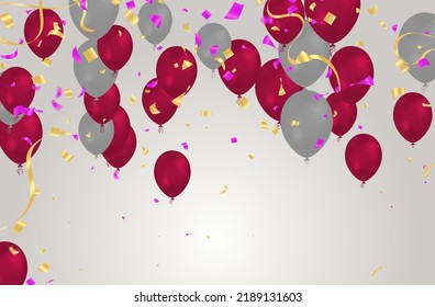 fondo gris globo y rojo. La decoración de la fiesta de cumpleaños de los globos voladores. Tarjeta de celebración del aniversario, alegría del carnaval de diversión sorpresa