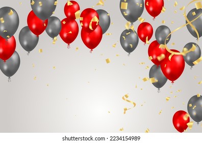 balloon gray and red background. Flying colorful balloons birthday party decoration. Anniversary celebration card, fun carnival holiday joy surprise group banner vector template
