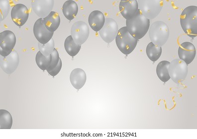 balloon gray and white background. Flying colorful balloons birthday party decoration. Anniversary celebration card, fun carnival holiday joy surprise
