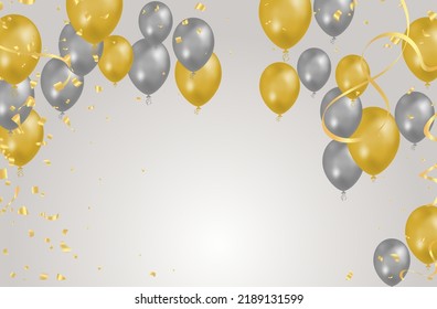 fondo gris globo y amarillo. La decoración de la fiesta de cumpleaños de los globos voladores. Tarjeta de celebración del aniversario, alegría del carnaval de diversión sorpresa