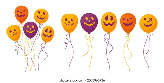 Balloon Halloween cartoon set. Bunch glossy helium air balloons with spooky, scary, funny faces flat party collection. Happy Halloween holiday surprise orange, yellow, purple, decoration vector