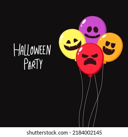 Balloon Halloween cartoon set. Bunch glossy helium air balloons with spooky, scary, funny faces flat party collection.