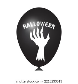 A balloon for Halloween. Realistic black ball with inscription and text, sinister hand.