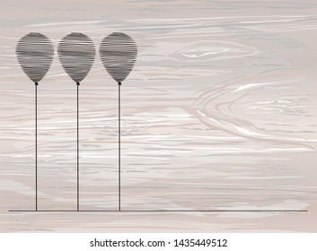 Balloon. Hand drawn, thin line. Greeting card. Vector on wooden background. Logo