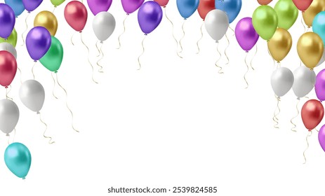 Balão feliz aniversário banner, feliz parabéns comemoração aniversário luxo festa brilhante ouro balões de prata e confete banner poster, modelo vetorial