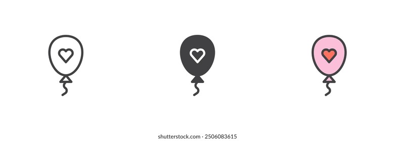 Balloon with heart different style icon set. Line, glyph and filled outline colorful version, outline and filled vector sign. Valentine day Symbol, logo illustration. Vector graphics