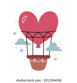 A balloon with a heart flies among the clouds. Romantic journey. Hand drawn Valentine's Day. Stylish picture in flat style for print.