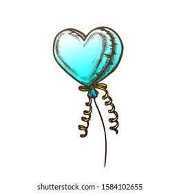 Balloon In Heart Form Decorative Gift Ink Vector. Inflatable Air Flying Balloon. Anniversary Festive Decoration Engraving Concept Template Hand Drawn In Vintage Style Black And White Illustration