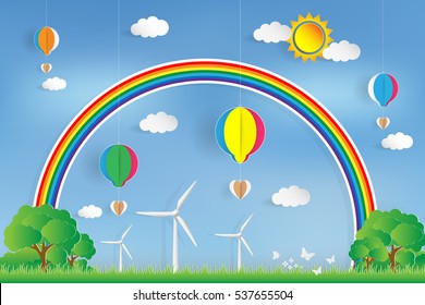 balloon heart and rainbow paper cut, save earth concept