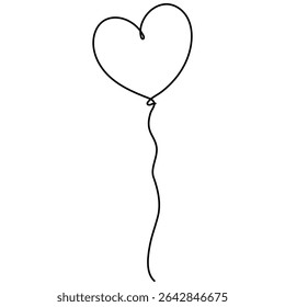 Balloon with heart shape continuous line drawing. Love gift symbol. Vector illustration isolated on white.