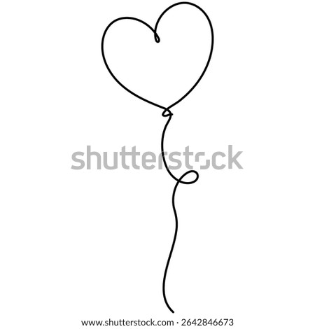 Balloon with heart shape continuous line drawing. Love gift symbol. Vector illustration isolated on white.