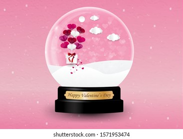 Balloon heart shape hang the gift box float on the sky in glass globe on pink background. Vector illustration.,  paper art and cut style.Illustration of love and valentine day