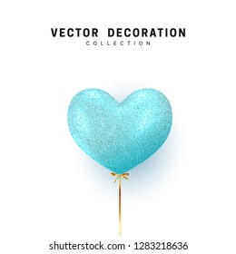 Balloon heart shape isolated on white background. Holiday element design realistic baloon with gold ribbon and bow