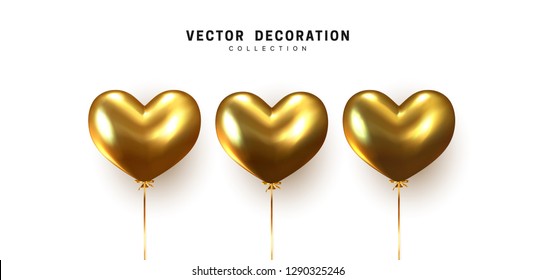Balloon heart shape isolated on white background. Holiday element design realistic baloon with gold ribbon and bow