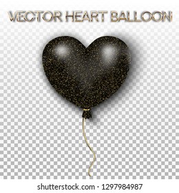 Balloon heart shape isolated on transparent background. Holiday element design realistic balloon with gold ribbon.