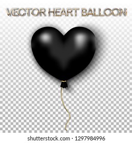 Balloon heart shape isolated on transparent background. Holiday element design realistic balloon with gold ribbon.