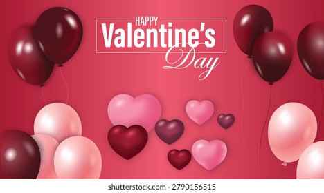 Balloon and heart shapes in soft glossy style on a pink backdrop, depicting a romantic celebration concept for love and affection. Vector illustration
