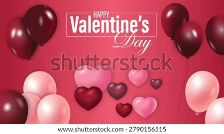 Balloon and heart shapes in soft glossy style on a pink backdrop, depicting a romantic celebration concept for love and affection. Vector illustration