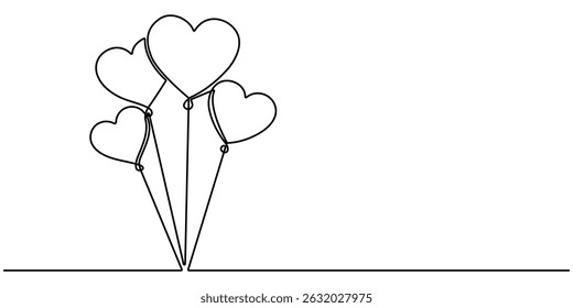 Balloon hearts, Continuous line drawing heart air balloon. one line heart balloon. one line art. symbol of love logo. vector illustration with background editable stroke. 