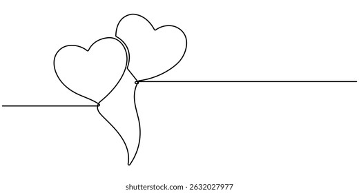 Balloon hearts, Continuous line drawing heart air balloon. one line heart balloon. one line art. symbol of love logo. vector illustration with background editable stroke. 