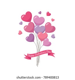 Balloon hearts flying bunch with pink banner on white background. Happy Valentine's Day poster, holiday card, love gift, icons. Vector illustration in cartoon style