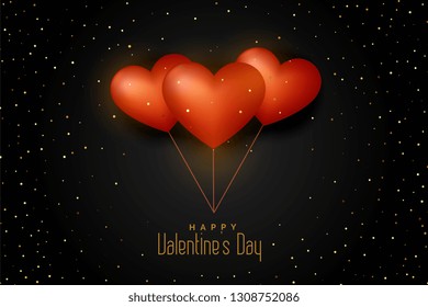 balloon hearts on black background with golden glitter