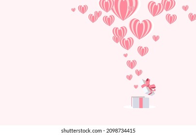 Balloon hearts out of the gift box with copy space on pink background. Vector Illustration, for Valentine's Day.