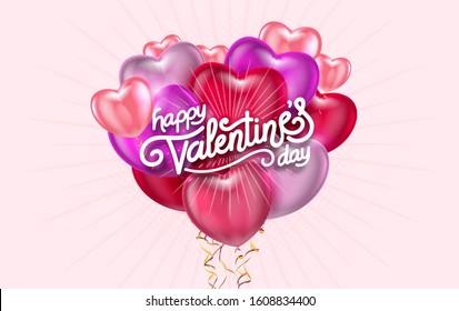 Balloon Hearts. Vector holiday illustration of flying bunch of colour balloon hearts and sparkling confetti. Happy Valentines Day. Festive romantic decoration.