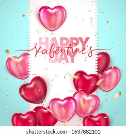 Balloon Hearts. Vector holiday illustration of flying bunch of colour balloon hearts and sparkling confetti. Happy Valentines Day. Festive romantic decoration.