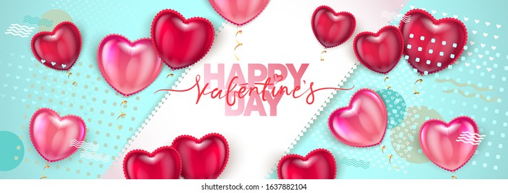 Balloon Hearts. Vector holiday illustration of flying bunch of colour balloon hearts and sparkling confetti. Happy Valentines Day. Festive romantic decoration.