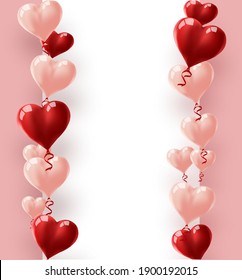 Corazones de globo. Ilustración vectorial de los corazones voladores de globos rojos y rosados y banner de papel. Feliz Día de San Valentín. Decoración festiva de bodas. Plantilla de diseño de invitación o felicitación.