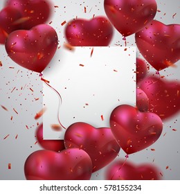 Balloon Hearts. Vector holiday illustration of flying bunch of red balloon hearts, paper banner and confetti particles. Valentines Day or Wedding invitation festive decoration