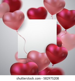 Balloon Hearts. Vector holiday illustration of flying red and pink balloon hearts and paper banner. Happy Valentines Day. Festive wedding decoration. Invitation or congratulation design template.