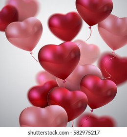 Balloon Hearts. Vector holiday illustration of flying bunch of red and pink balloon hearts. Happy Valentines Day. Festive romantic wedding decoration. Honeymoon concept