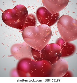 Balloon Hearts. Vector holiday illustration of flying bunch of red and pink balloon hearts and glittering confetti. Happy Valentines Day. Festive romantic decoration. Wedding concept